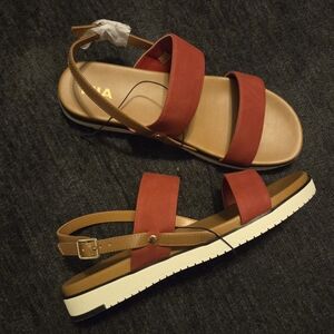 MIA Red Double-Strap Slingback Sandals with Tan Ankle Strap. Size 11